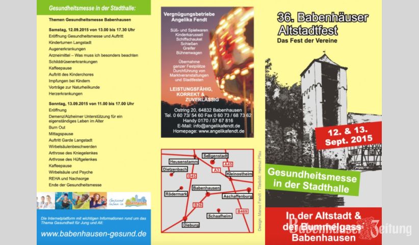 Flyer des Babenh&auml;user Vereinsgremiums zum 36. Altstadtfest in Babenhausen (12. und 13. September 2015).