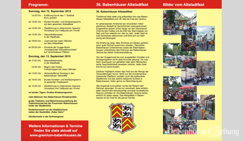 Flyer des Babenh&auml;user Vereinsgremiums zum 36. Altstadtfest in Babenhausen (12. und 13. September 2015).