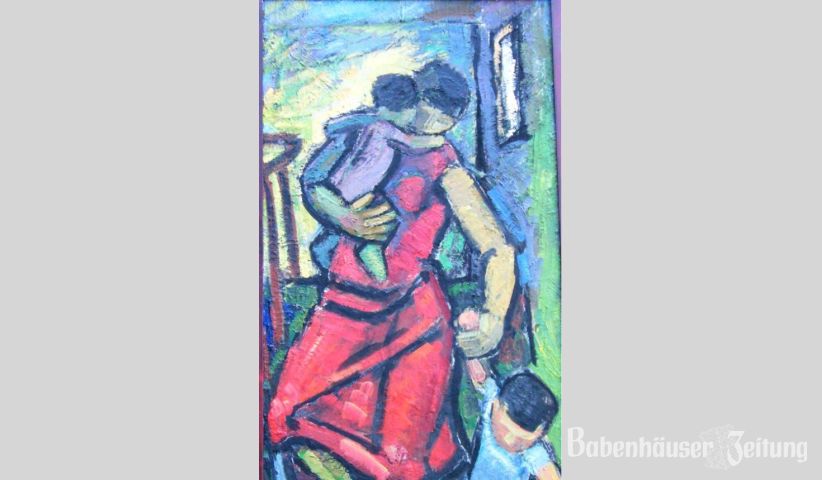 &nbsp;&quot;Frau mit zwei Kindern und Katze&quot; von 1970, &Ouml;lgem&auml;lde, 120x54 cm