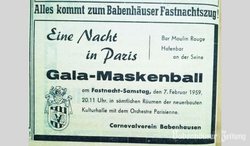 Der Gala-Maskenball im Jahr 1959 stand unter dem Motto „Eine Nacht in Paris“. Zufall? Das Motto zum 55. Geburtstag des CVB lautete „5 x 11 Jahre = 55 Jahre Moulin Rouge“