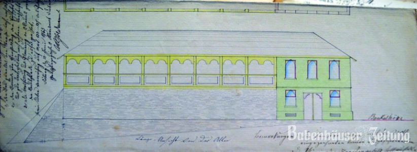 Ausschnitt aus dem „Plan zur Erbauung eines Bierkellers mit Halle und einem Vorhaus für August Ranis Wittwe zu Babenhausen“. Das Großherzogliche Kreisamt Dieburg bearbeitete das Vorhaben am 10. Juni 1865.