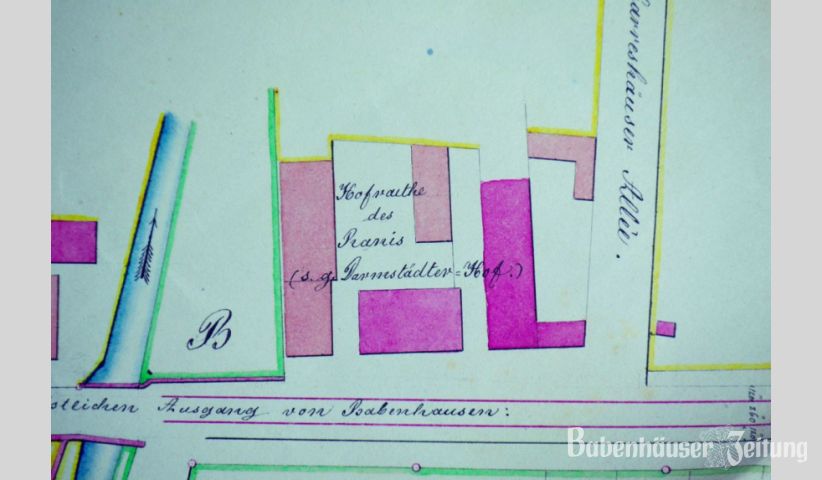 Die Planskizze aus einem alten Bauantrag, der im Stadtarchiv Babenhausen verwahrt wird, zeigt die Hofreite der Familie Ranis, dem sogenannten Darmstädter Hof.