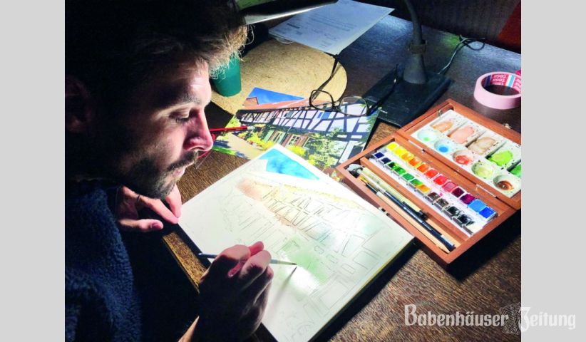Georg L&ouml;hr erstellt von der Fotografie ein Aquarell, nach der Vorzeichnung mit einem Bleistift wird das Bild grundiert. Startschuss f&uuml;r ein Kunstwerk der besonderen Art.