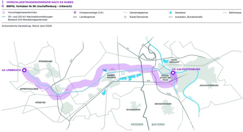 Vorschlag für den Trassenkorridor aus den Unterlagen zur Bundesfachplanung im Vorhaben Nr. 96 aus dem Bundesbedarfsplangesetz Aschaffenburg – Urberach Quelle: Amprion GmbH