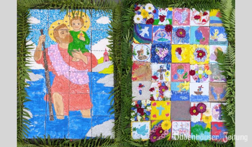 Die „Blumenteppiche“ der Fronleichnamsprozession wurden in diesem Jahr künstlerisch gestaltet. Der neue Name der Kirchengemeinde „St. Christophorus“ stand hierbei Pate für den Altar vor dem Rathaus (links). Eine schöne Collage zierte den Altar vor der Bachgauschule (rechts).