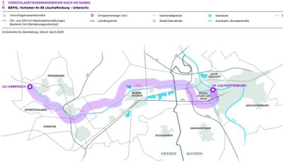 Vorschlag für den Trassenkorridor aus den Unterlagen zur Bundesfachplanung im Vorhaben Nr. 96 aus dem Bundesbedarfsplangesetz Aschaffenburg &ndash; Urberach Quelle: Amprion GmbH